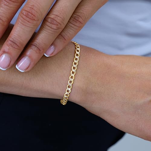 Nuragold 14k Real Yellow Gold Cuban Curb 4.5mm Pave Dia-Cut Chain Bracelet - 7"