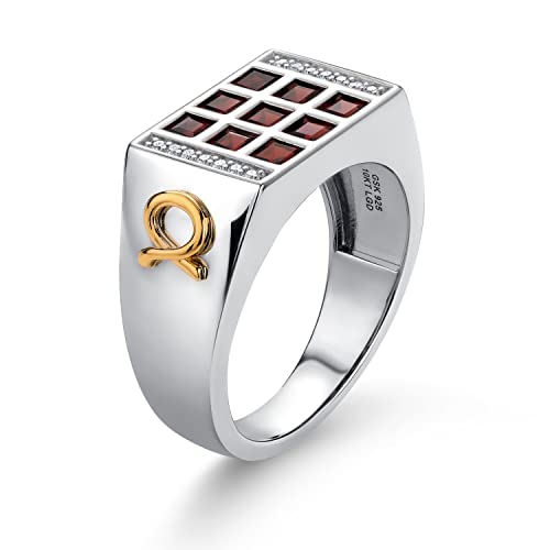 Gem Stone King Red Garnet and White Lab Grown Diamonds Ring for Men | 10K Yellow Gold and 925 Sterling Silver | 1.27 Cttw| Size 11