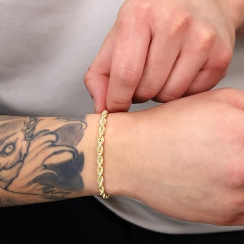 Nuragold 10K Real Yellow Gold Rope Chain Diamond Cut Bracelet Men & Women - 5mm,8.5"