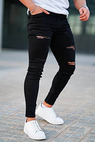 GINGTTO Black Ripped Jeans for Men Slim Fit Stretch Mens Skinny Jeans Elastic Waist 34×30