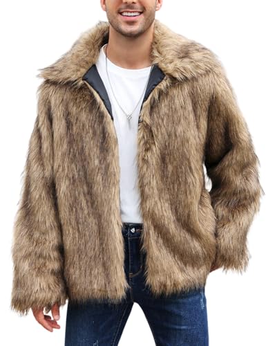 Arssm Mens Faux Fur Coats Winter Furry Fur Jacket Warm Fluffy Shaggy Jackets(Brown-L)