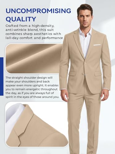 Men Suits Slim Fit 2 Button Men's Suits Solid Champagne Business Suit Blazer Pants for Men Groomsmen Wedding Mens Tuxedo for Prom M