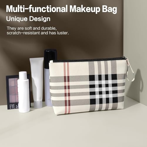 MAANGE Small Makeup Bag for Purse Cosmetic Bags for Women Pu Leather Makeup Pouch Travel Makeup Bag with Handle Make Up Bag for Travelling(Khaki)