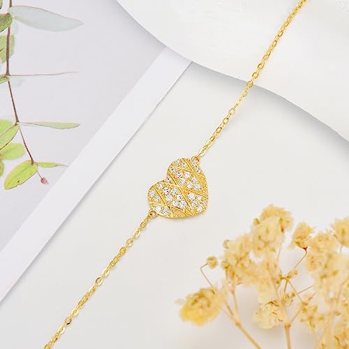 SISGEM 10k Gold Heart Anklets for Women, Real 10kt Gold Created Moissanite love Ankle Bracelet for Her, 9.4-11.0 Inches