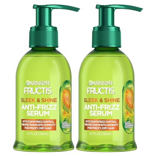 Garnier Fructis Sleek & Shine Anti-Frizz Hair Serum for Frizzy, Dry Hair, Leave-In Argan Oil Infused Formula with Up to 72HRs of Frizz Control, Smooths Flyaways & Boosts Hair Shine, 5.1 Fl Oz (2 Pack)