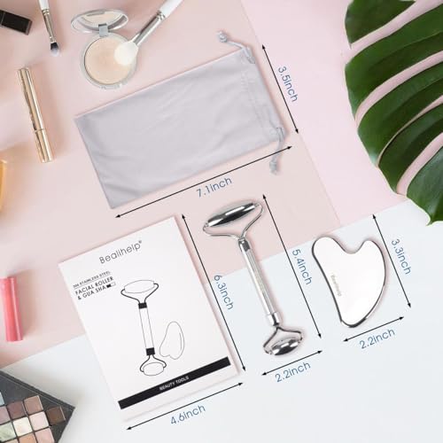 Bealihelp Face Roller and Gua Sha, Stainless Steel Facial Roller and Guasha Tool for Face, Skin Care Roller for Wrinkles and Lifting, Improve Puffiness, Metal Face Massager for Eyes, Neck Tighten