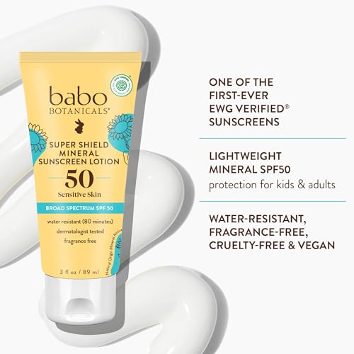 Babo Botanicals Sheer Mineral Sunscreen Lotion SPF 50 with 100% Mineral Active Ingredients for Babies, Kids or Extra Sensitive Skin, Lightweight, Water Resistant & Fragrance Free, 3 Fl Oz
