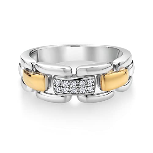 Gem Stone King Round White Lab Grown Diamond Wedding Band Ring for Men | 925 Sterling Silver and 10K Yellow Gold | 7MM Width | Available In Size 5, 6, 7, 8, 9, 10, 11, 12, 13