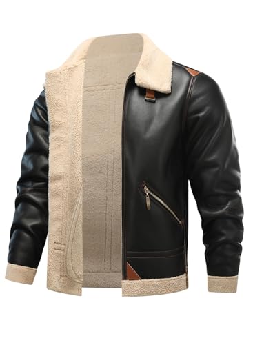 HOOD CREW Men’s Bomber Jacket Winter Coat Stylish Faux Fleece Lined Leather Jackets Black L
