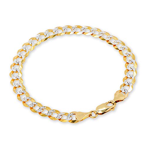 Nuragold 14k Real Yellow Gold Cuban Curb 7mm Solid Pave Chain Bracelet - 8"