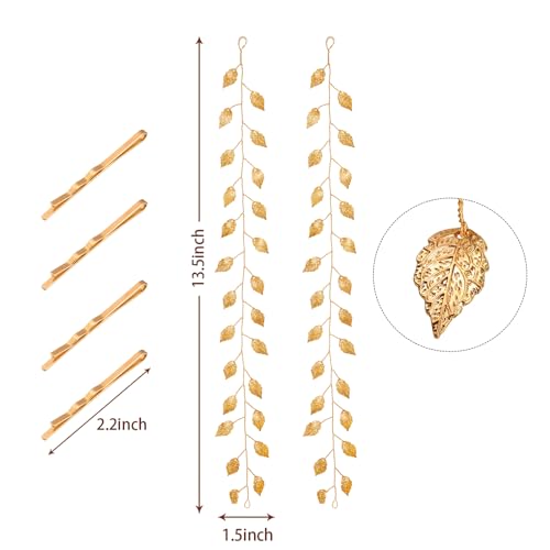 WILLBOND 2 Pcs Gold Leaf Wedding Headband Gold Leaf Headpiece Bridal Hair Vine Goddess Head Chains Acessories for Bridesmaid Flower Girls Women Roman Toga Costume, 13.5 Inch