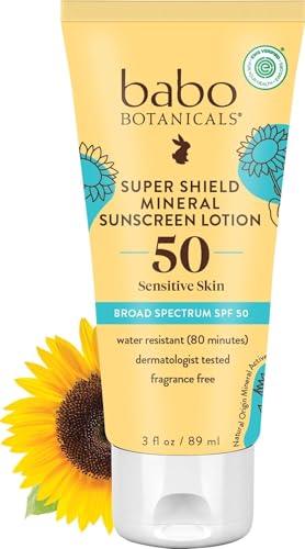 Babo Botanicals Sheer Mineral Sunscreen Lotion SPF 50 with 100% Mineral Active Ingredients for Babies, Kids or Extra Sensitive Skin, Lightweight, Water Resistant & Fragrance Free, 3 Fl Oz