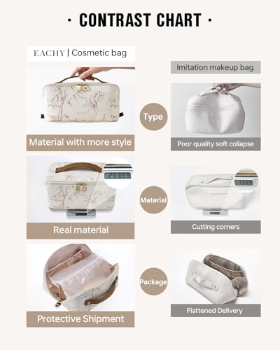 EACHY Travel Makeup Bag, Floral Cosmetic Bag for Women, Beige, Medium