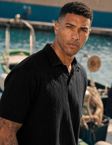JMIERR Polo Shirts for Men Classic Fit Short Sleeve Loose Casual Soft Button Old Money Textured Cable Knit Shirt Quiet Luxury Clothes, XL, Black