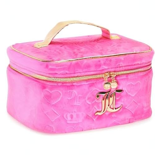 Juicy Couture Hot Pink Makeup Bag Cosmetics Organizer Travel Essentials Train Case Velour Heart Crown