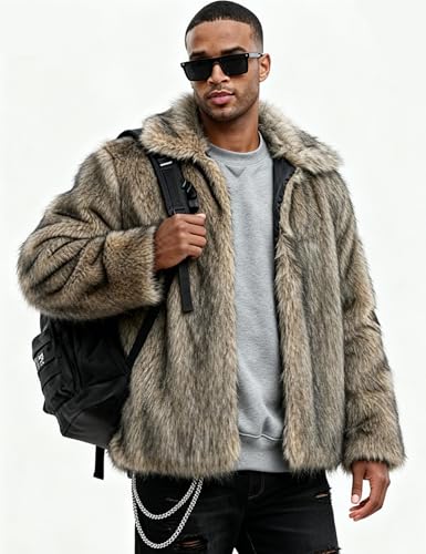 Flygo Mens Faux Fur Coat Winter Jackets Fluffy Lapel Long Sleeve Furry Fur Jacket Coats Thick Outerwear(Khaki-XL)