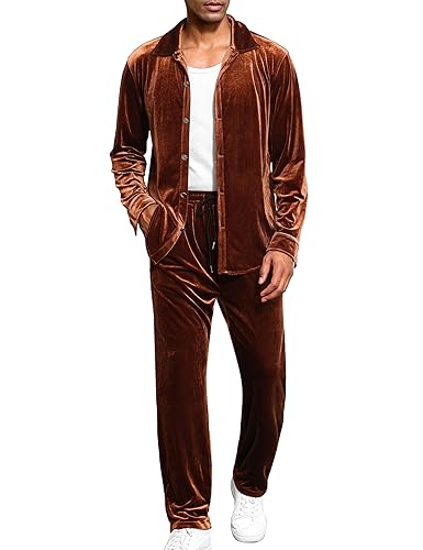LecGee Mens Fashion Pants Set Velour Velvet Button Down Shirt Casual Fall 2 Piece Lounge 80s Outfit Tracksuit(Brown,XXL)