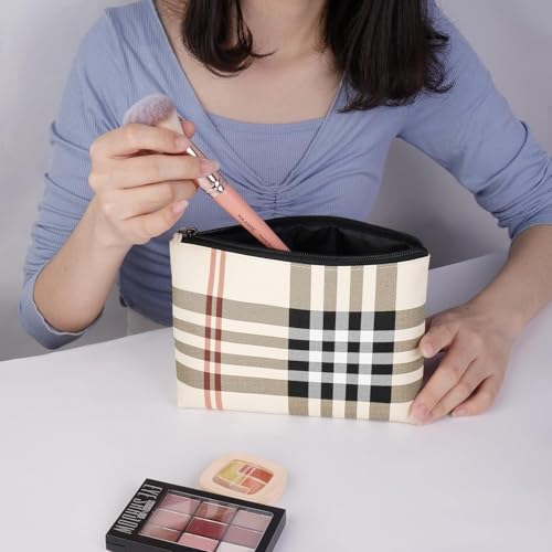 MAANGE Small Makeup Bag for Purse Cosmetic Bags for Women Pu Leather Makeup Pouch Travel Makeup Bag with Handle Make Up Bag for Travelling(Khaki)