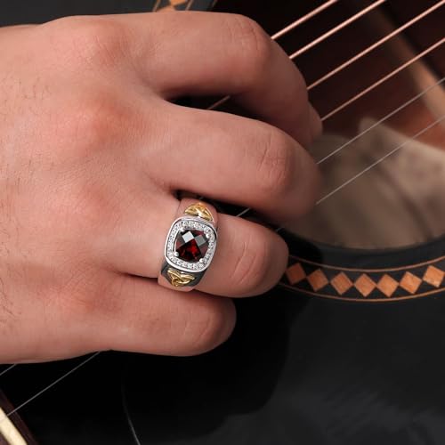 Gem Stone King Men's 925 Silver and 10K Yellow Gold Red Garnet and Lab Grown Diamond Ring | 2.76 Cttw | Cushion Checkerboard 8MM | Gemstone Birthstone | Size 11