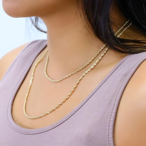 Nuragold 10k Real Yellow Gold 2.5mm Rope Chain Lightweight Necklace 16"-30" - 22"
