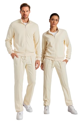 JMIERR Track Suit Mens Sweatsuit Casual Sports Jogging Sets Sweat Suit Full Zip Loungewear Sets Cream Textured Two Piece Outwear Regular Fit for Early Fall Spring, M, Beige