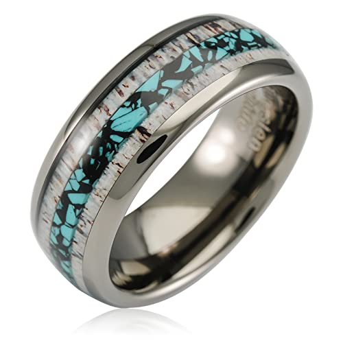100S JEWELRY Gunmetal Gray Tungsten Rings For Men Turquoise & Elk Antler Inlay Wedding Promise Engagement Band Size 6-16 (Tungsten, 13)