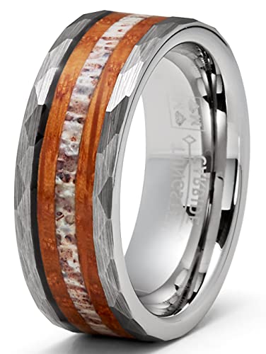 Metal Masters Co. Mens Deer Antler Whiskey Barrel Tungsten Carbide Ring Hammered Wedding Band 8MM
