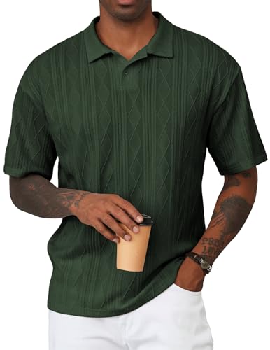 JMIERR Polo Shirts for Men Classic Fit Short Sleeve Loose Casual Soft Button Old Money Textured Cable Knit Shirt Quiet Luxury Clothes, XL, Green