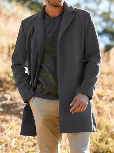 PASLTER Mens Trench Coat Slim Fit Notched Collar Fall Winter Single Breasted Pea Coat Warm Soft Overcoat