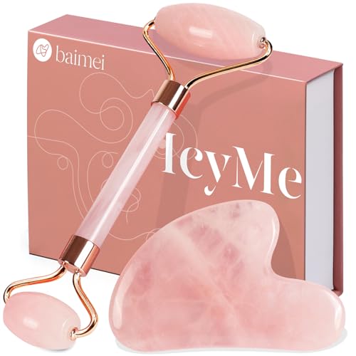 BAIMEI IcyMe Rose Quartz Roller & Gua Sha Facial Tool Set for Depuffing