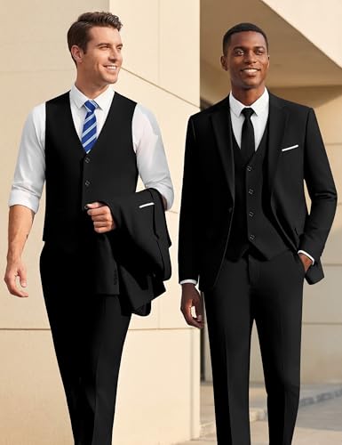 WULFUL Men’s Slim Fit Suit One Button 3-Piece Blazer Dress Business Wedding Party Jacket Vest & Pant Black