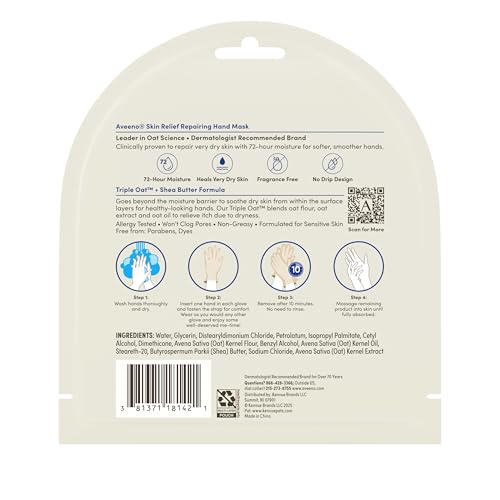 Aveeno Skin Relief Repairing Hand Mask, Moisturizing Gloves with Triple Oat & Shea Butter for Very Dry Skin, Hand Care for Sensitive Skin, Fragrance-Free, 1 Pair of Single-Use Gloves