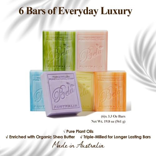 BELA Soap Variety Pack 3.3 OZ, Pack of 6, Long Lasting, French Triple Milled Bar Soap with Organic Shea Butter, Hand, Face and Body Wash Bar Made in Australia