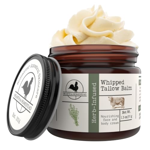 Hearth & Homestead Whipped Beef Tallow for Skin & Face - 100% Grass Fed, Eczema Cream & Body Butter - Organic Olive Oil, Calendula & Rose - Lotion & Hand Moisturizer for Dry Skin, Unscented, 1.3oz
