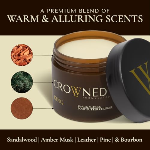 Crowned Skin King Cologned Body Butter for Men | Warm & Sensual | As Seen On Shark Tank | Scented with Sandalwood & Leather | Infused with Organic Shea & Mango Butters | All-Day Fragrance | 4.4oz