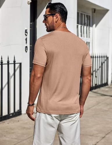 COOFANDY Men's T-Shirts Casual Stretch Solid Crewneck Short Sleeve Tees Textured Shirts Khaki