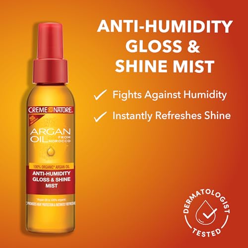 Creme of Nature Anti-Humidity Gloss & Shine Mist, Lightweight Frizz Control and Heat Protection, Infused with 100% Organic Argan Oil from Morocco, 4 oz