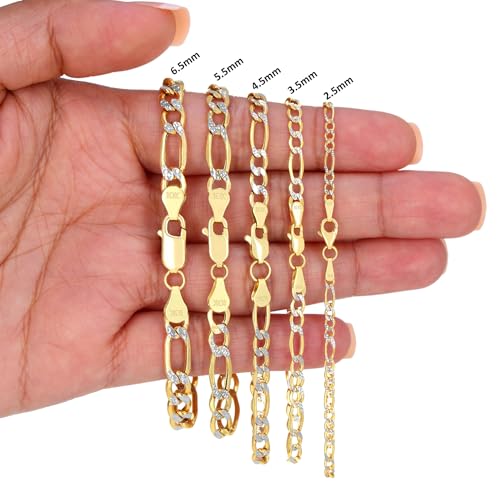 Nuragold 10k Real Yellow Gold Figaro Link Pave Diamond Cut Chain Bracelet - 4.5mm,7"