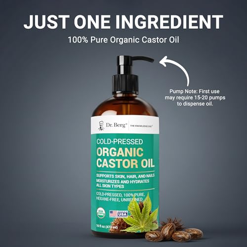 Dr. Berg Organic Castor Oil – 16 fl oz Cold-Pressed Oil – Pure, Unrefined, Single Ingredient – Sourced in India, Bottled in USA – Lab Tested, USDA Organic, Glass Bottle