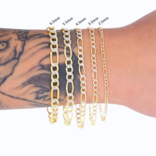 Nuragold 10k Real Yellow Gold Figaro Link Pave Diamond Cut Chain Bracelet - 4.5mm,7"