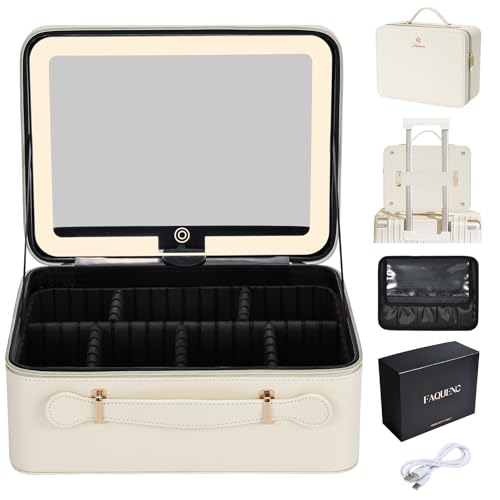 Faquenc Leather Makeup Case with LED Lighted Mirror 11.4 Inch Travel Makeup Bag Adjustable Brightness in 3 Colors Cosmetic Organizer Artist Storage Bag with Dividers Brush Holder Bag Vanity White