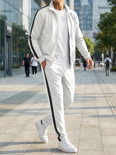 JMIERR Men's Sweatsuits Tracksuits 2 Piece Loungewear Sweat Suit Full Zip Jacket and Joggers Jogging Warm Up Sets Matching Sets Essentials Clothing, L, White