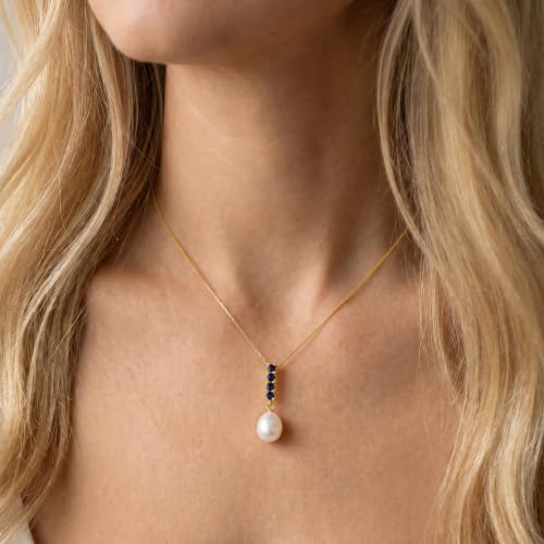 Veroni Solid 10K Gold Pearl Pendant Necklace for Women - 4.2 Carat Pearl & Sapphire - Italian Box Chain - Cipher Collection - Handcrafted in USA - Classic Yellow Gold