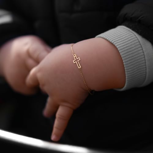 MIONZA Jewelry 14k Solid Gold Cross Bracelet for Women, Teen Girls, Baby | Real Sideways Adjustable Cross Bracelet | Gold Plated Bracelet for Women | Christian Baptism Gift