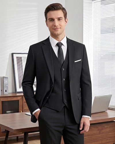 WULFUL Men's Slim Fit 3 Piece Suits Two Button Blazer Vest & Pants Tuxedo Set for Business Wedding Party Black