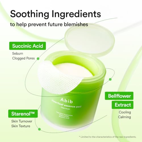 Abib Heartleaf Essence Pad Clear Touch 70 Pads 8.45 fl oz | Soothing Toner Pads for Acne-Prone Skin with Succinic Acid, Niacinamide, Gentle Exfoliation, Korean Skin Care (New/Refillable)
