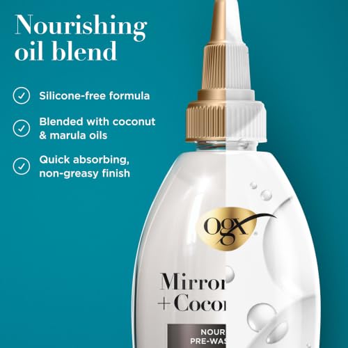 OGX Mirror Shine + Coconut Oil Pre-Wash Hair Gloss, Nourishing Rinse Out Hair Treatment for 48 Hours of Glossy Shine & Damage Repair, Lightweight Oil Mends Split Ends, 4 fl. oz