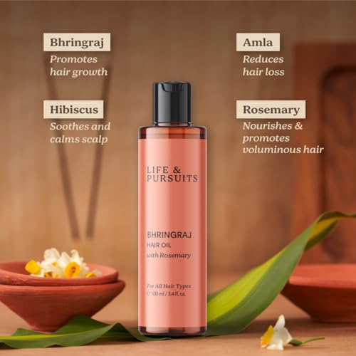 Life & Pursuits Bhringraj Hair Oil, 3.4 Fl Oz – Ayurvedic Hair Growth Oil for Men & Women, Natural Scalp Oil for Hair Fall, Dry Itchy Scalp, Frizzy Curly Hair, Weak Roots, Rosemary, Amla & Tea Tree