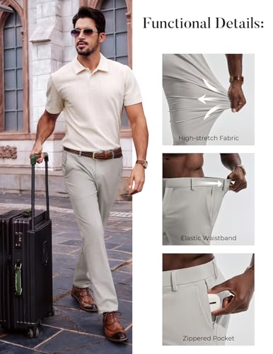 PJ PAUL JONES Men's Dress Pants Stretch Golf Pants Slim Fit Tapered Dress Work Casual Extended Waist Trousers Beige Gray M