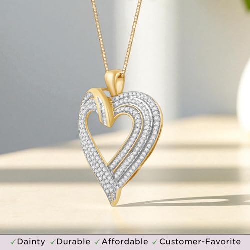 Jewelili 10K Yellow Gold Jewelry | Diamond Heart Pendant Necklace for Women